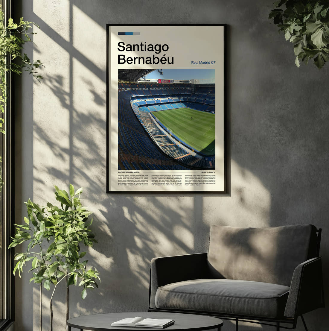 Bernabeu Stadium Print framed on the wall of a relaxed living room