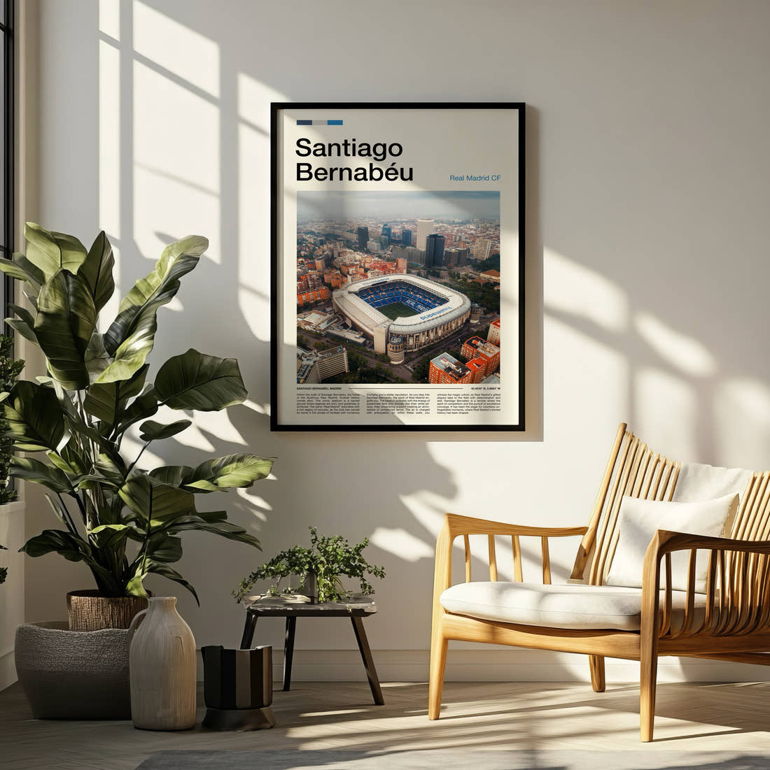 Bernabeu Stadium Print framed on a pale wall beside houseplants