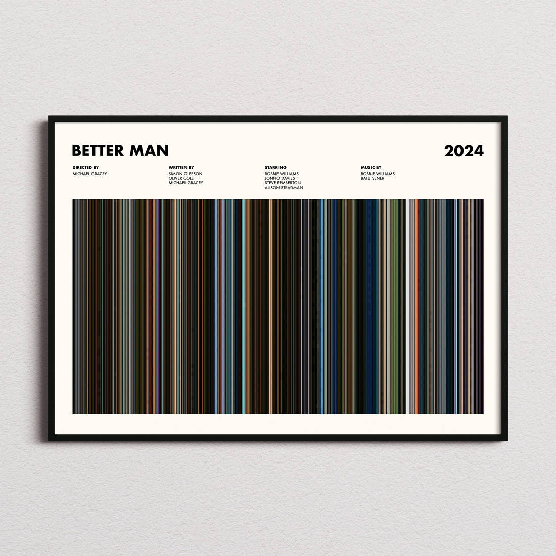 Better Man Movie Barcode Poster framed and photographed straight on