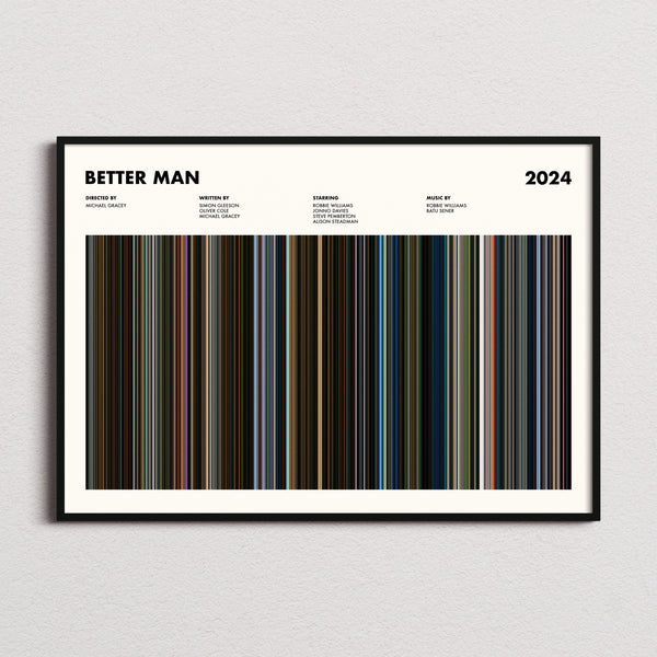Better Man Movie Barcode Poster framed and photographed straight on