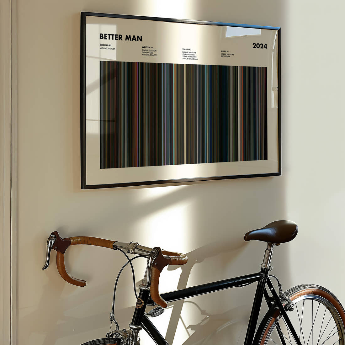 Better Man Movie Barcode Poster framed on the wall of a styled room setting