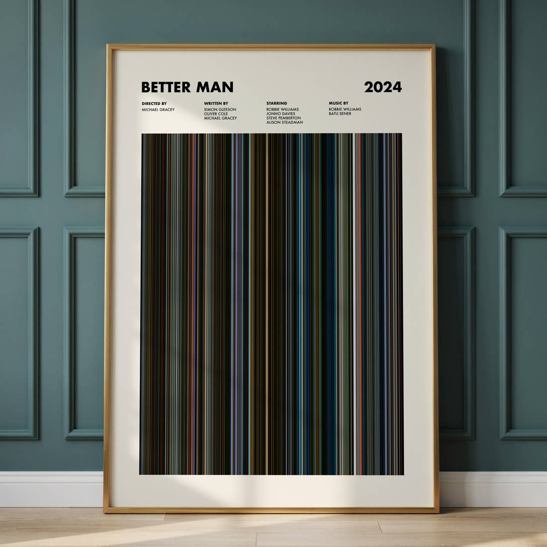 Better Man Movie Barcode Poster framed and leaning against a panelled wall