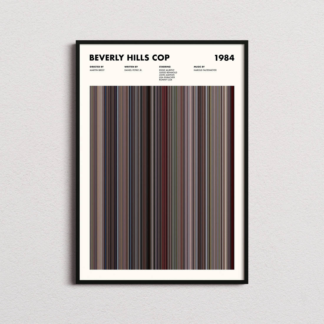 Beverly Hills Cop Movie Barcode Poster framed on a plain studio wall
