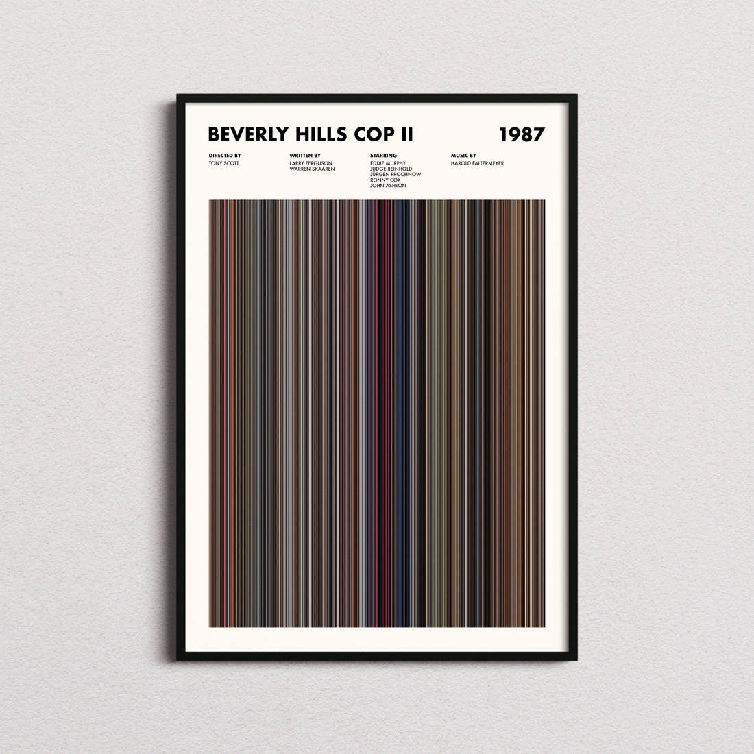 Beverly Hills Cop II Movie Barcode Poster framed on a plain studio wall