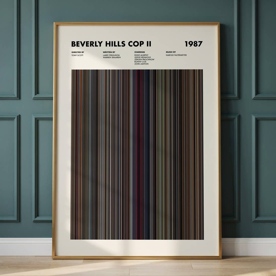 Beverly Hills Cop II Movie Barcode Poster framed and leaning against a panelled wall