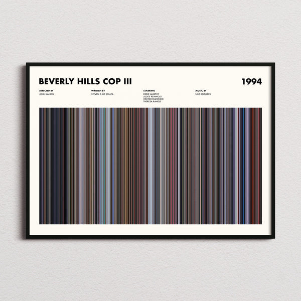 Beverly Hills Cop III Movie Barcode Poster framed and photographed straight on
