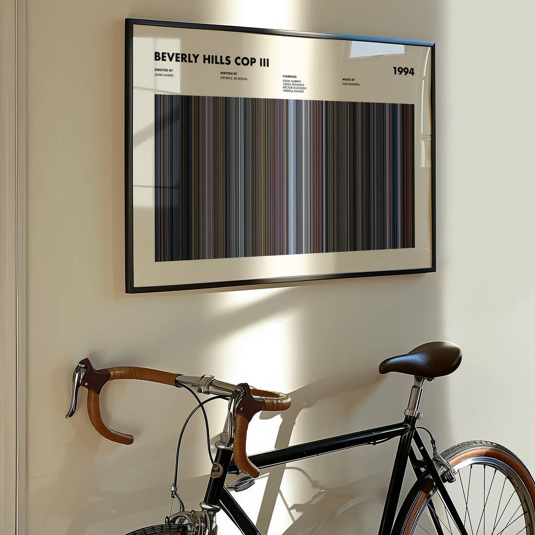 Beverly Hills Cop III Movie Barcode Poster framed on the wall of a styled room setting