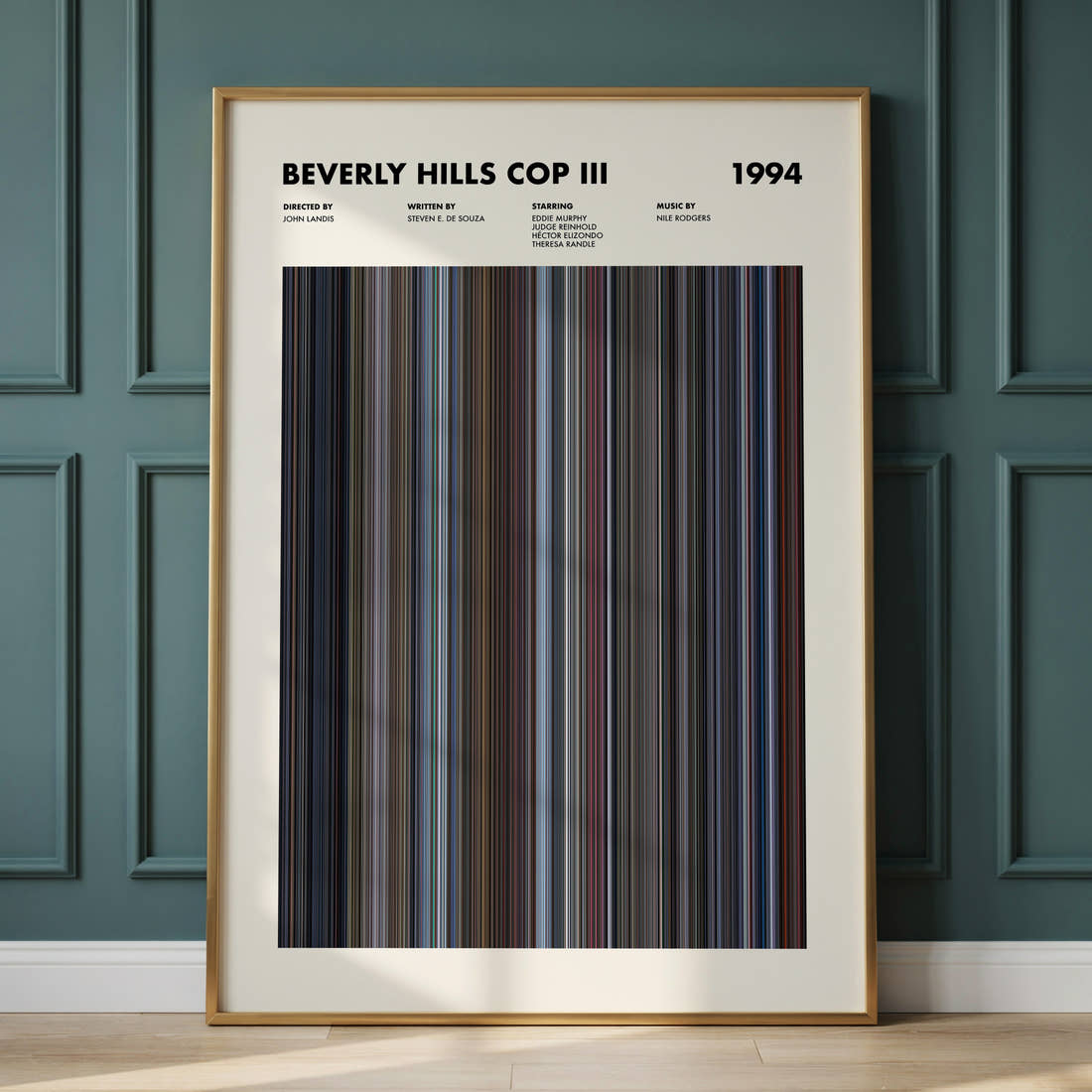 Beverly Hills Cop III Movie Barcode Poster framed and leaning against a panelled wall