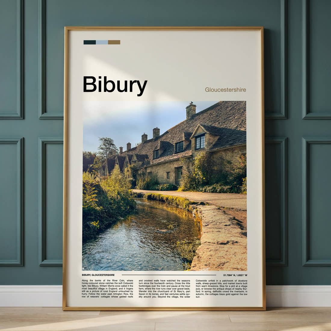 Bibury Riverside Cottage Row Travel Print framed on the wall of a calm, neutral bedroom