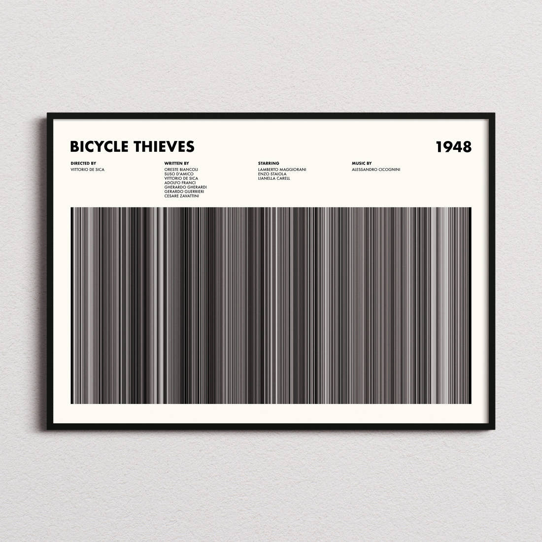 Bicycle Thieves Movie Barcode Poster framed and photographed straight on