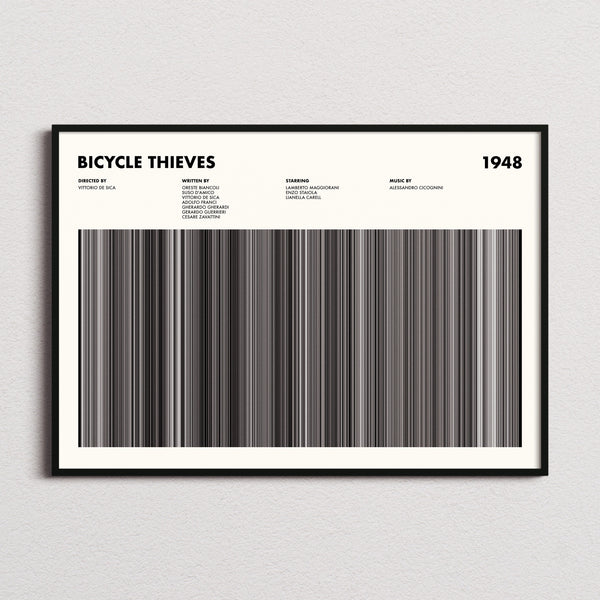 Bicycle Thieves Movie Barcode Poster framed and photographed straight on
