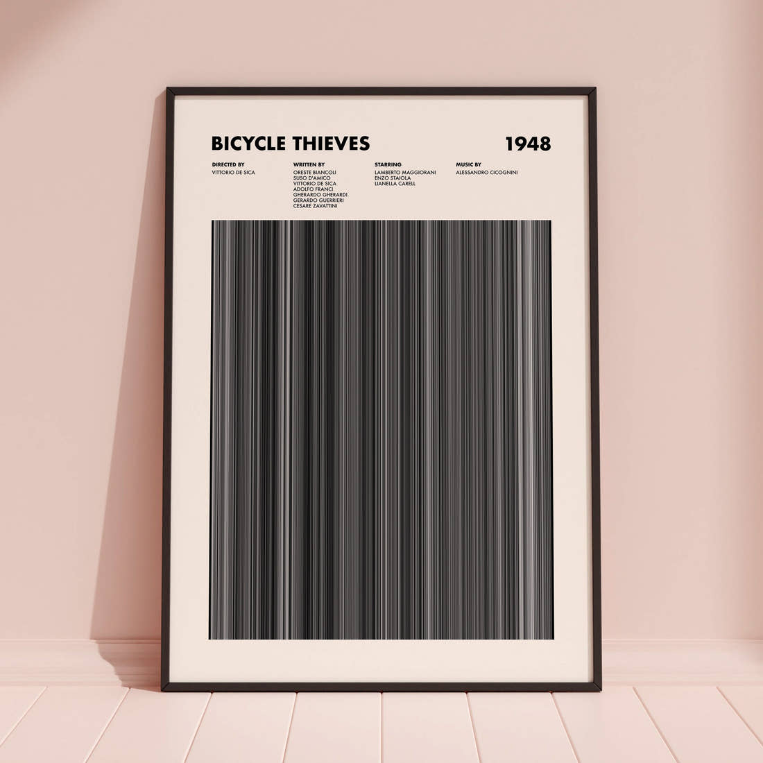Bicycle Thieves Movie Barcode Poster framed and leaning against a coloured wall