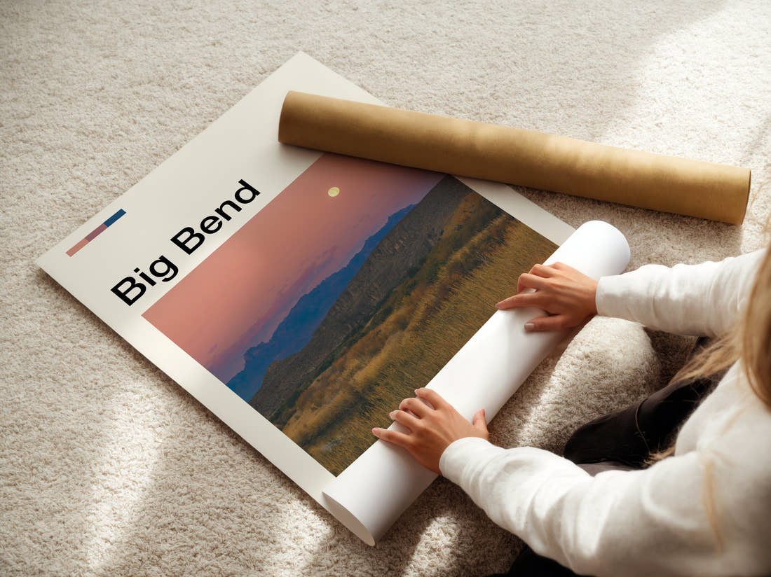 Big Bend Desert Grassland At Dusk Travel Print being unrolled from its postal tube