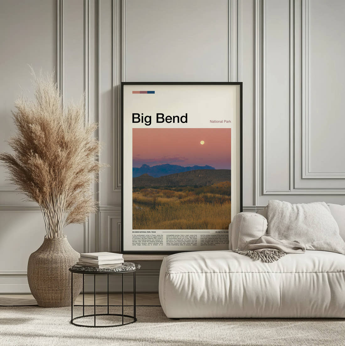 Big Bend Desert Grassland At Dusk Travel Print framed on the wall of a calm, neutral bedroom