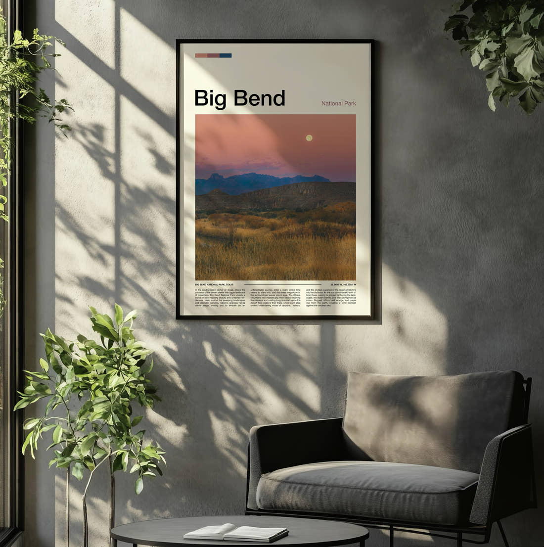 Big Bend Desert Grassland At Dusk Travel Print framed on the wall of a relaxed living room