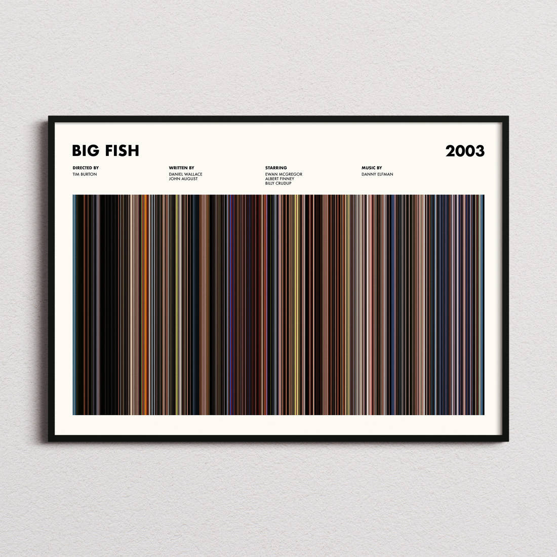 Big Fish Movie Barcode Poster framed and photographed straight on