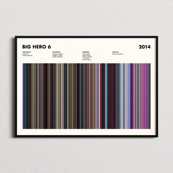 Big Hero 6 Movie Barcode Poster framed and photographed straight on