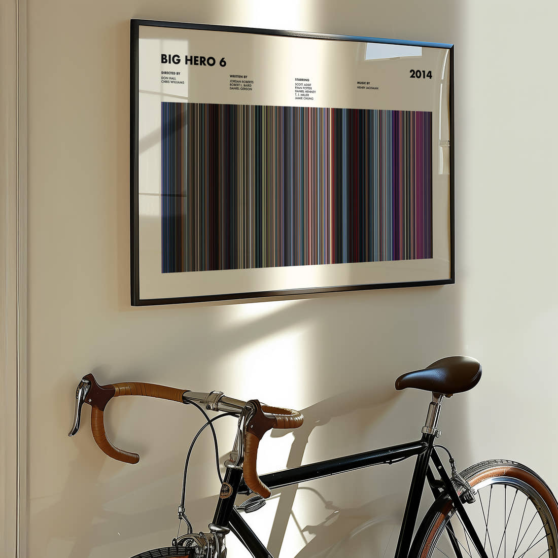 Big Hero 6 Movie Barcode Poster framed on the wall of a styled room setting
