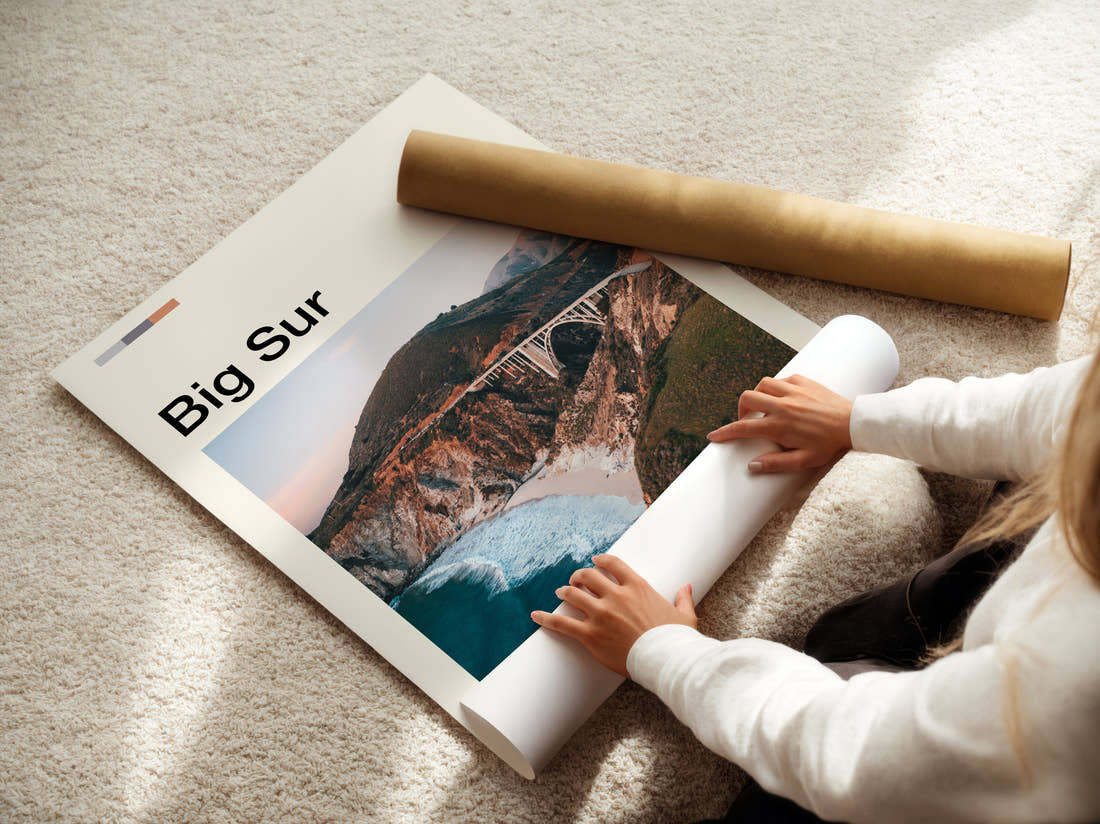 Big Sur Bixby Creek Bridge Travel Print being unrolled from its postal tube