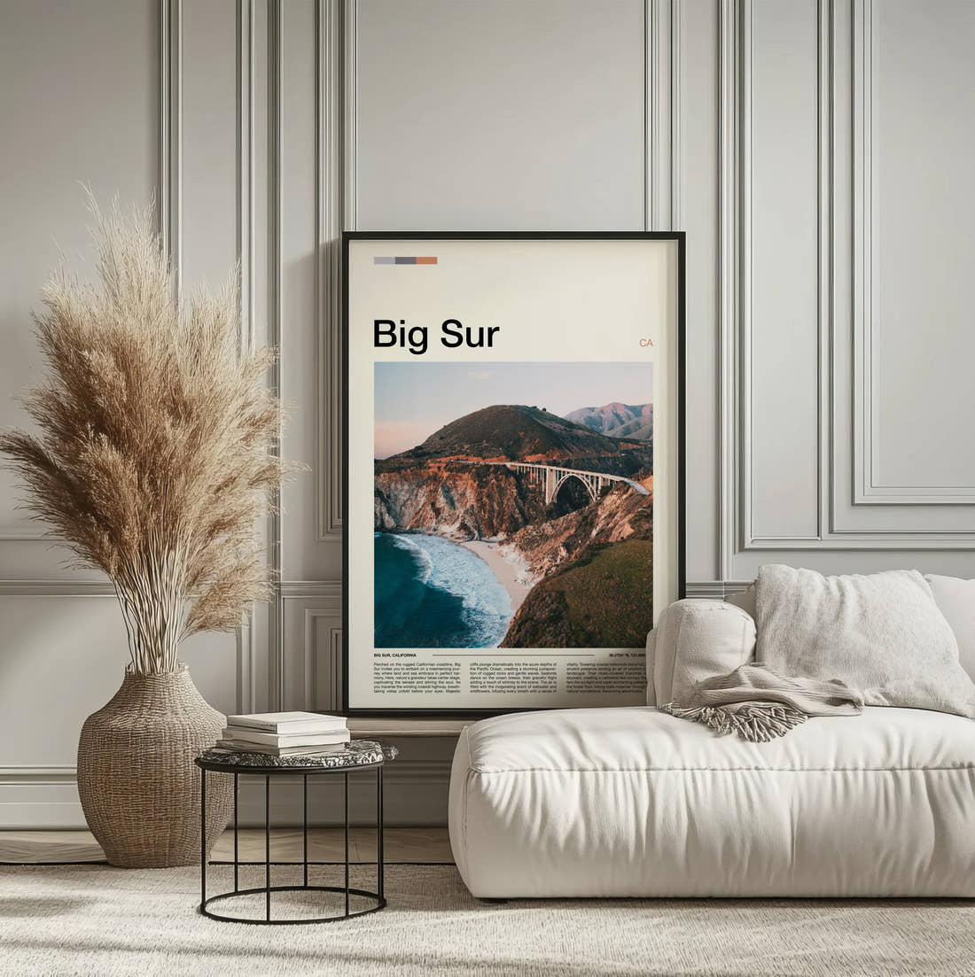 Big Sur Bixby Creek Bridge Travel Print framed on the wall of a calm, neutral bedroom