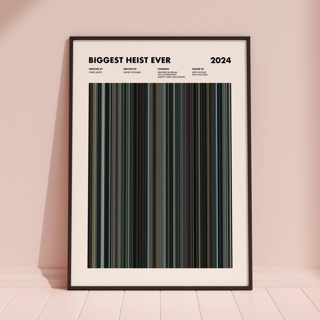 Biggest Heist Ever Movie Barcode Poster framed and leaning against a coloured wall