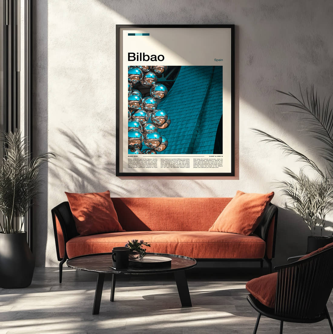 Bilbao Mirrored Sphere Sculpture Travel Print framed on the wall of a modern living room