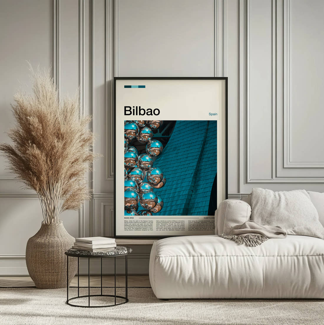 Bilbao Mirrored Sphere Sculpture Travel Print framed on the wall of a calm, neutral bedroom