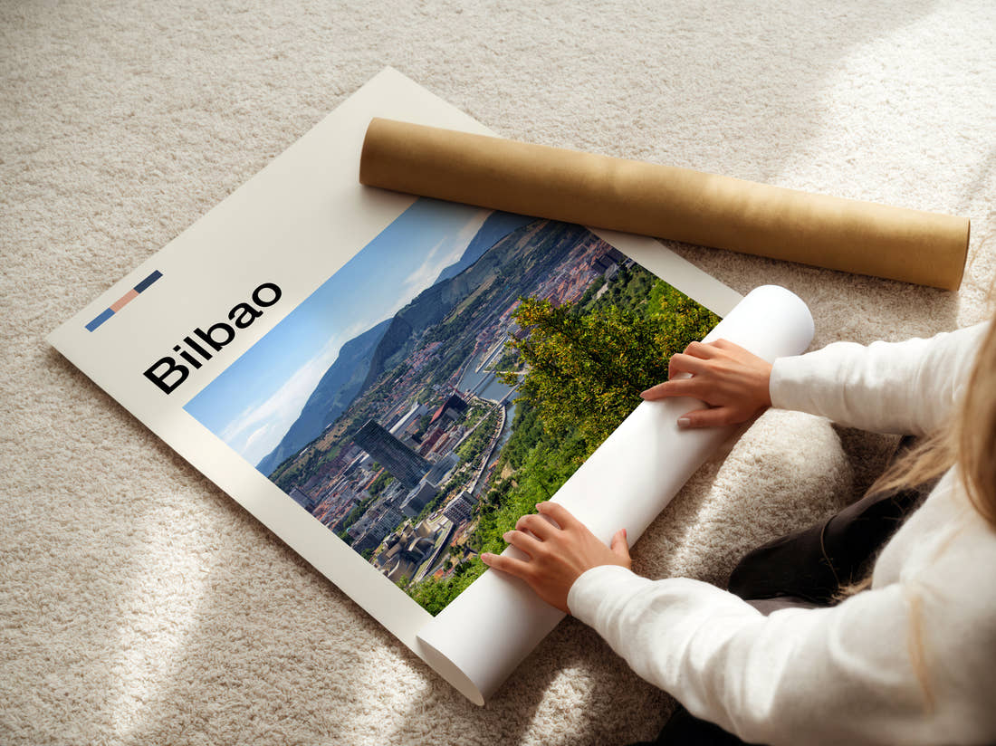Bilbao Aerial City View Travel Print being unrolled from its postal tube