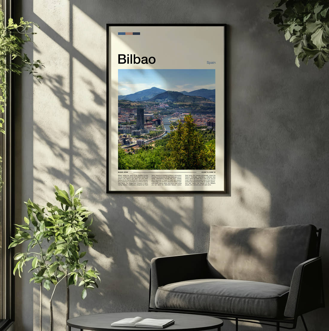 Bilbao Aerial City View Travel Print framed on the wall of a relaxed living room