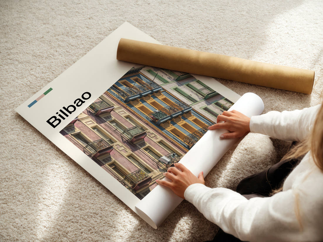 Bilbao Colourful Window Shutters Travel Print being unrolled from its postal tube