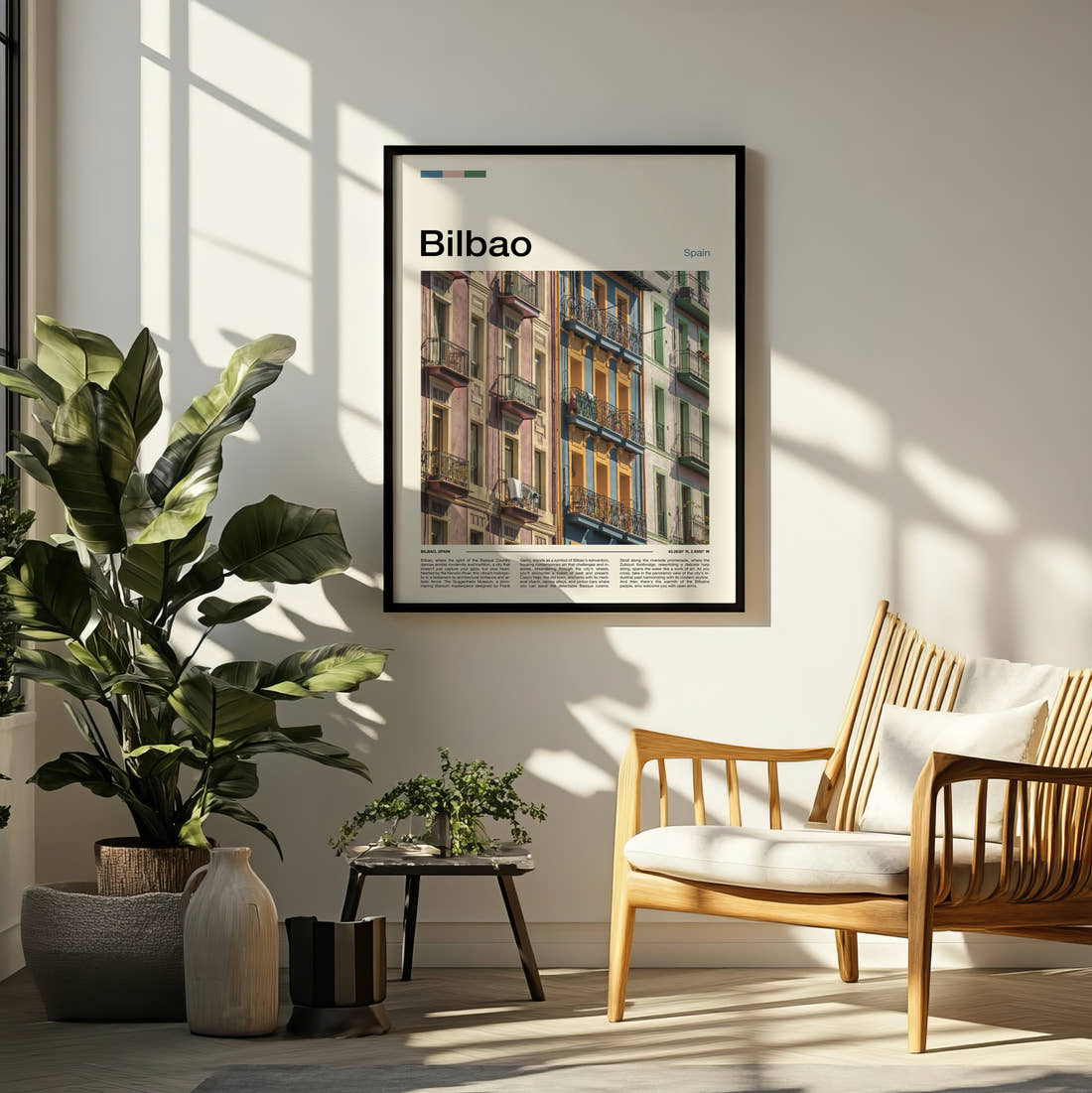 Bilbao Colourful Window Shutters Travel Print framed on a pale wall beside houseplants