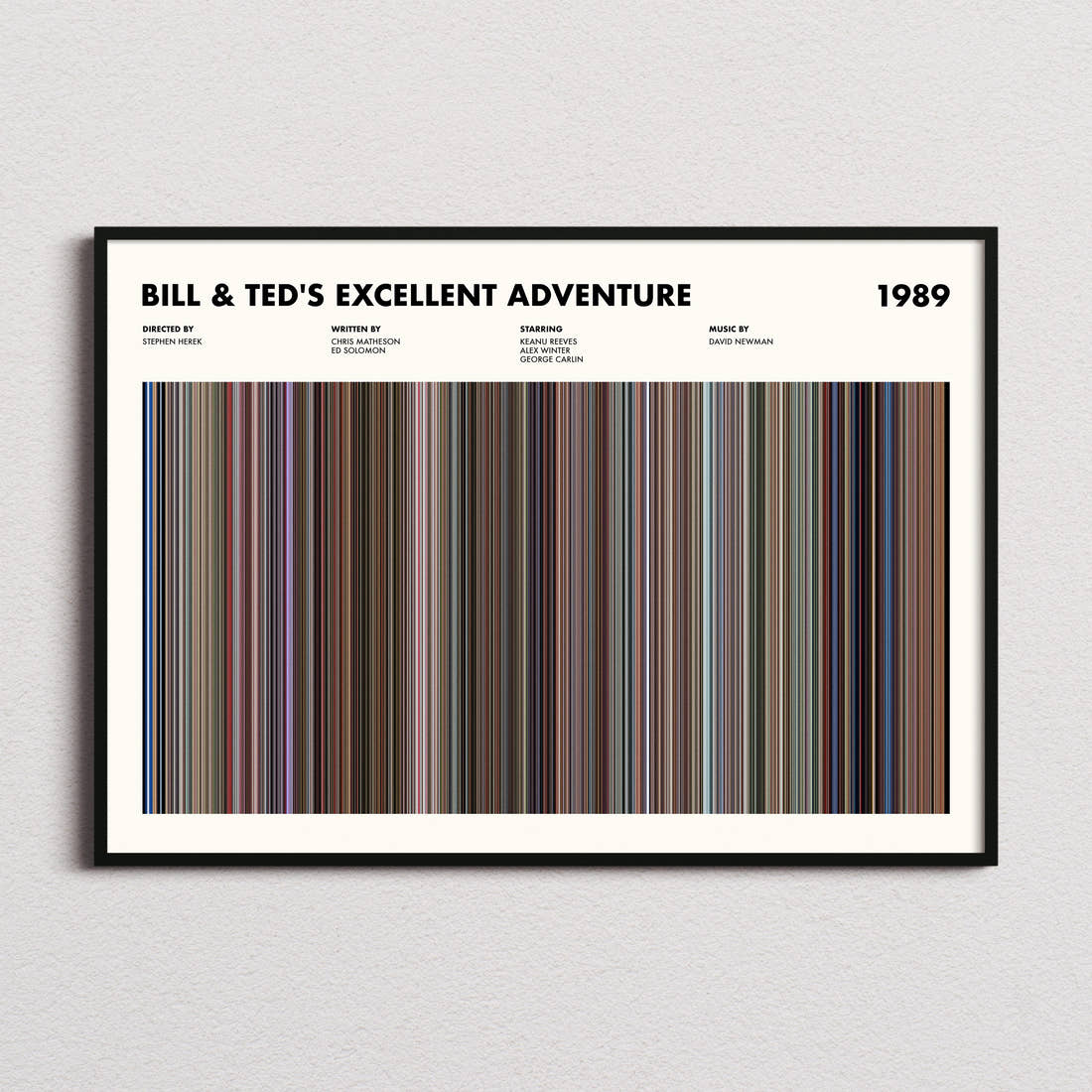 Bill & Ted's Excellent Adventure Movie Barcode Poster framed and photographed straight on
