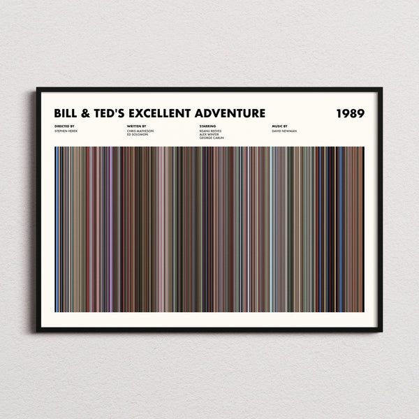 Bill & Ted's Excellent Adventure Movie Barcode Poster framed and photographed straight on