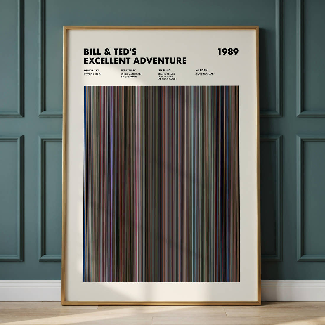 Bill & Ted's Excellent Adventure Movie Barcode Poster framed and leaning against a panelled wall
