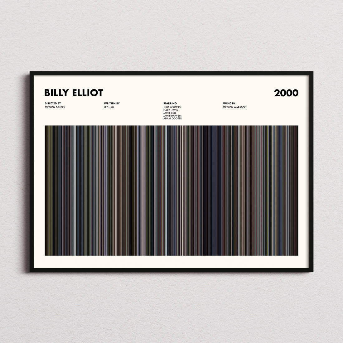 Billy Elliot Movie Barcode Poster framed and photographed straight on
