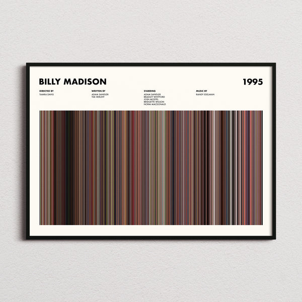 Billy Madison Movie Barcode Poster framed and photographed straight on