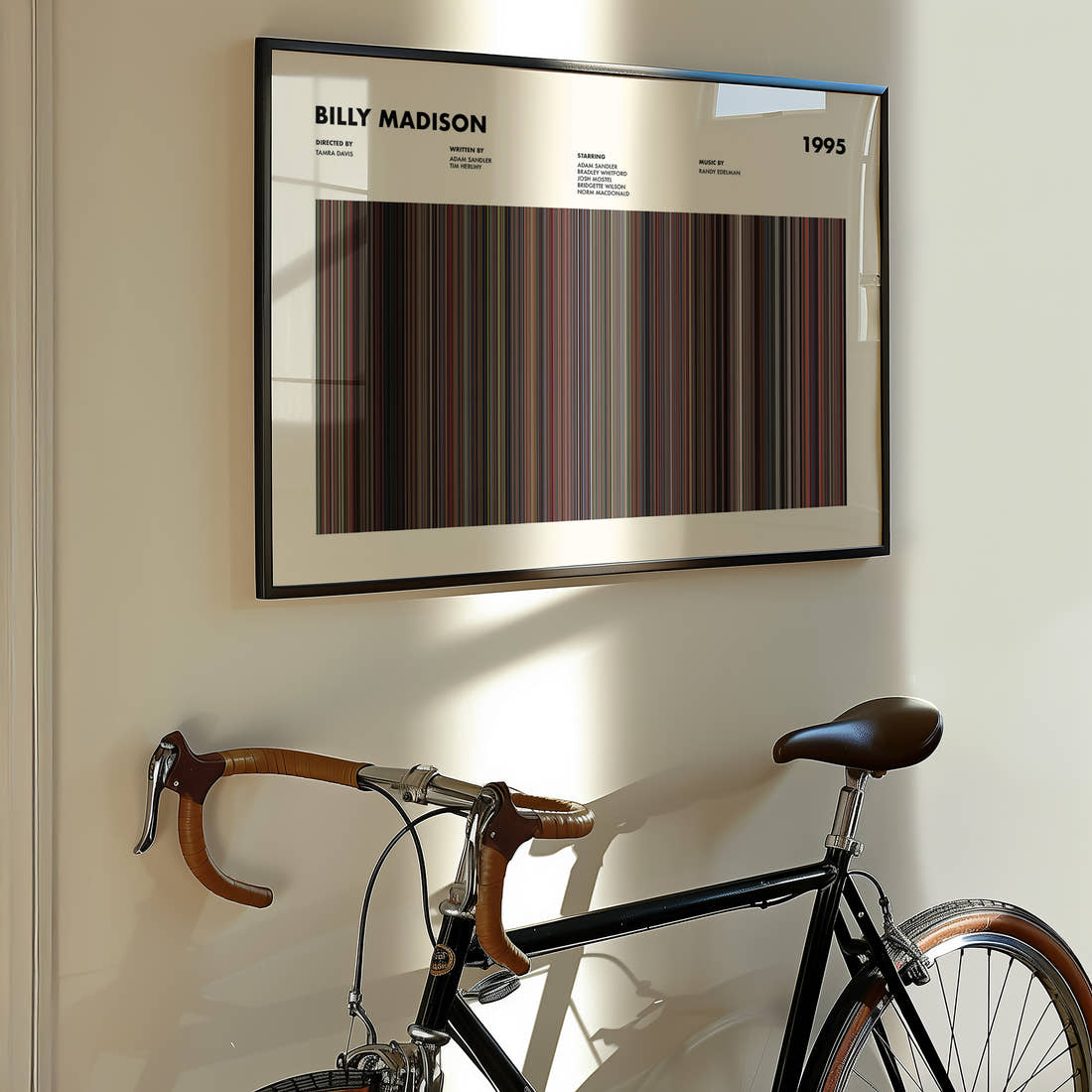 Billy Madison Movie Barcode Poster framed on the wall of a styled room setting