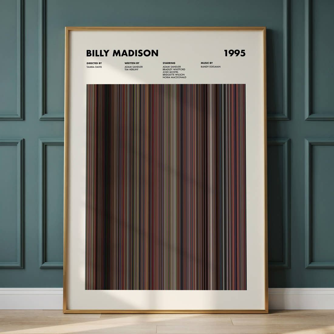 Billy Madison Movie Barcode Poster framed and leaning against a panelled wall