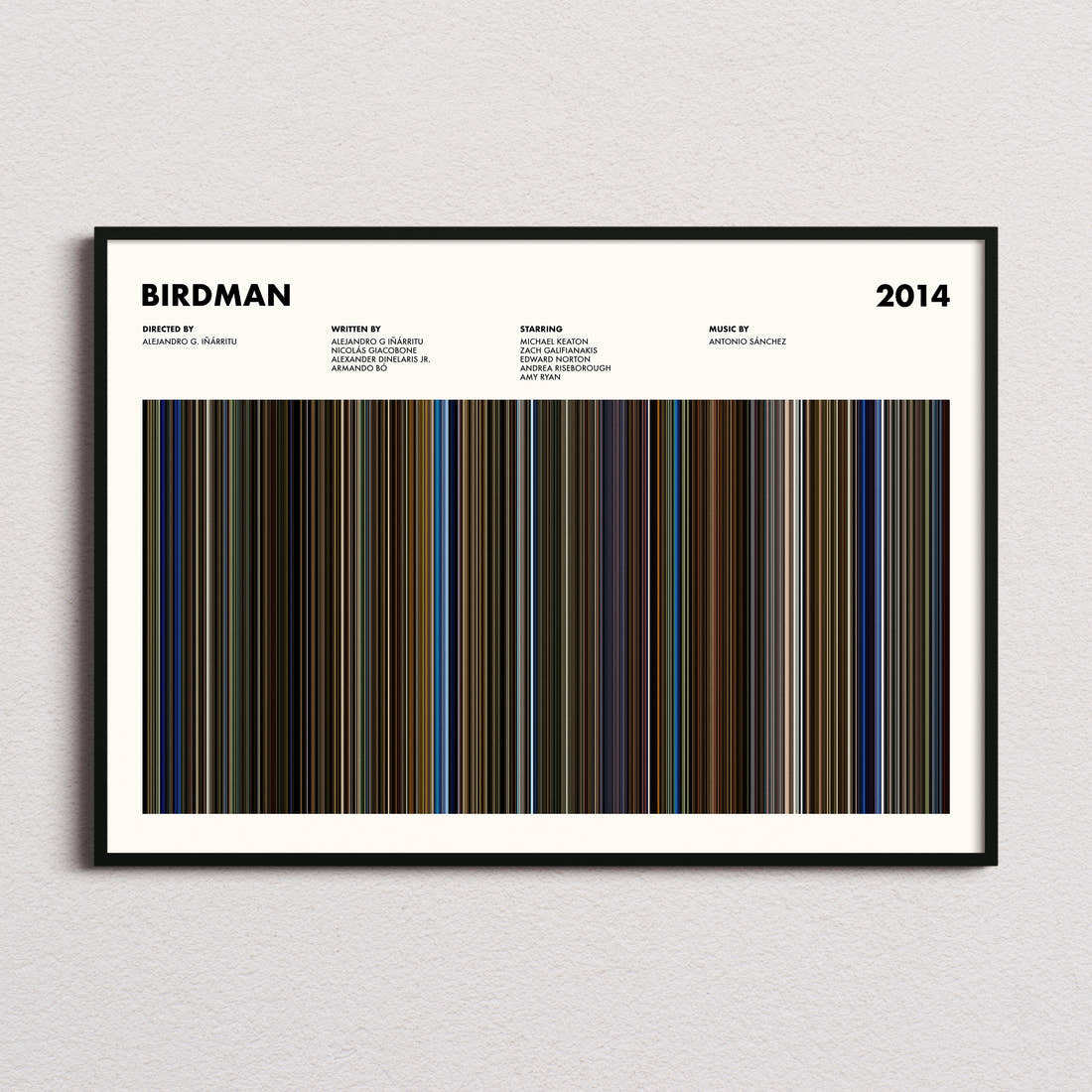 Birdman Movie Barcode Poster framed and photographed straight on