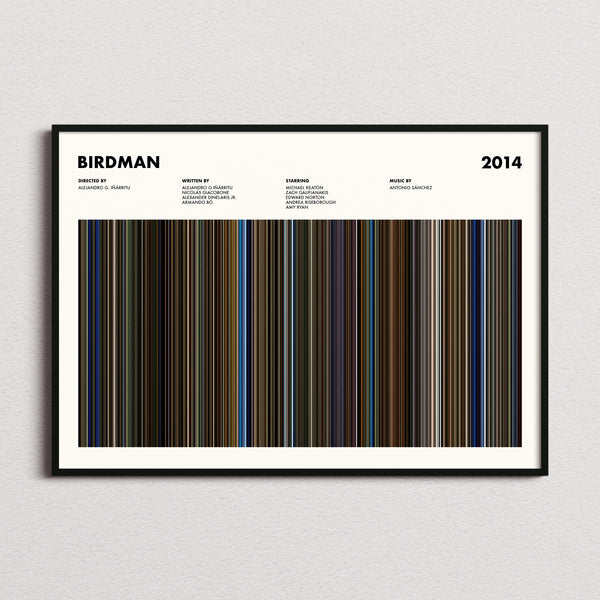 Birdman Movie Barcode Poster framed and photographed straight on