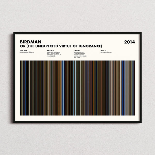 Birdman or (The Unexpected Virtue of Ignorance) Movie Barcode Poster framed and photographed straight on