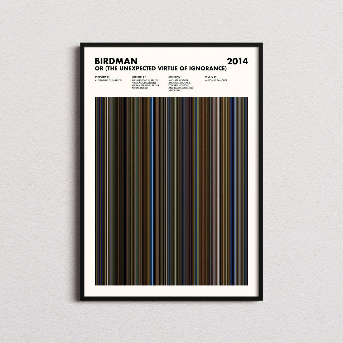 Birdman or (The Unexpected Virtue of Ignorance) Movie Barcode Poster framed on a plain studio wall