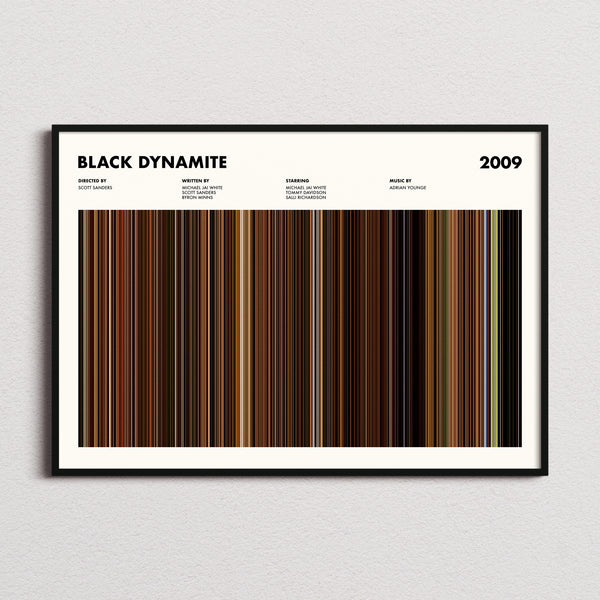 Black Dynamite Movie Barcode Poster framed and photographed straight on