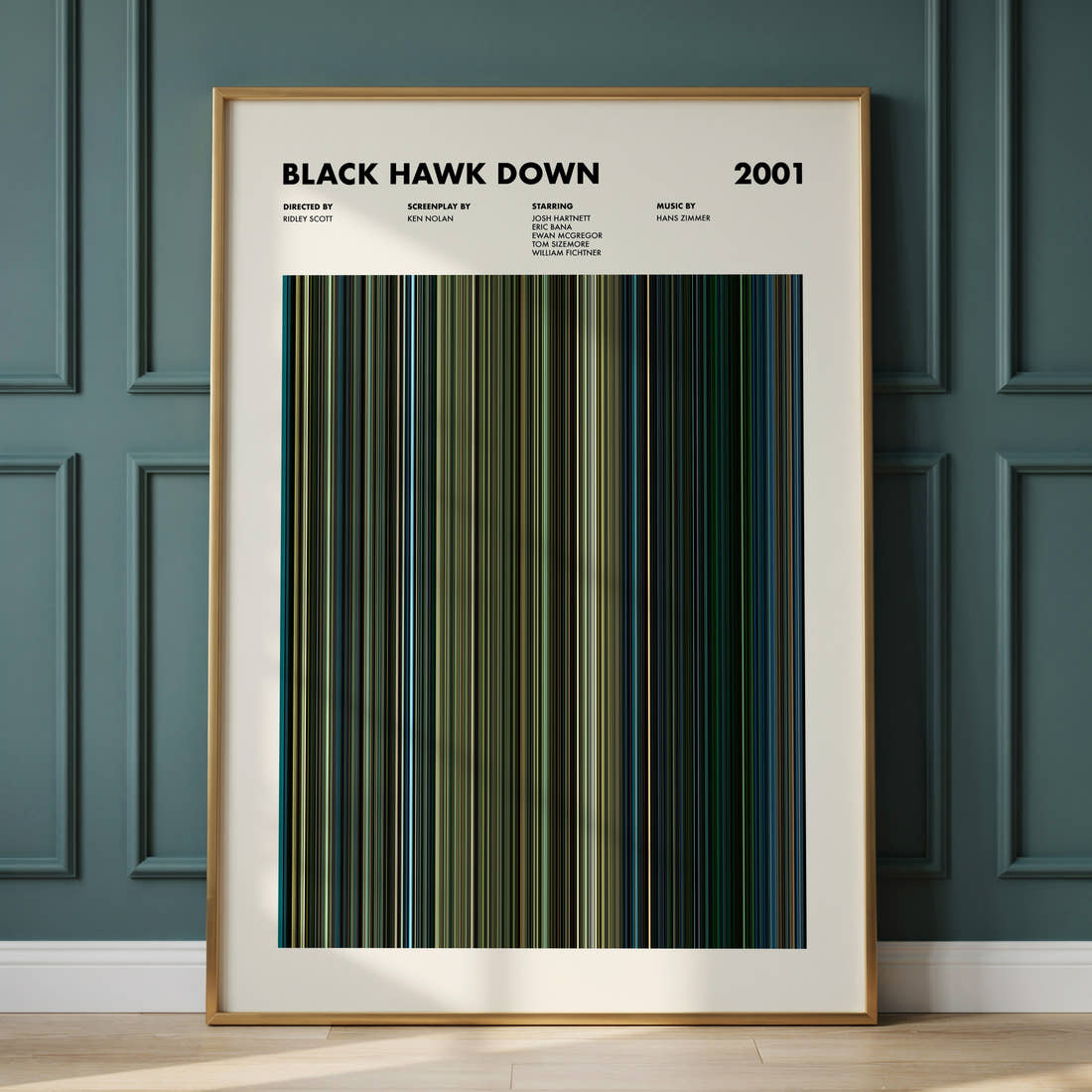 Black Hawk Down Movie Barcode Poster framed and leaning against a panelled wall