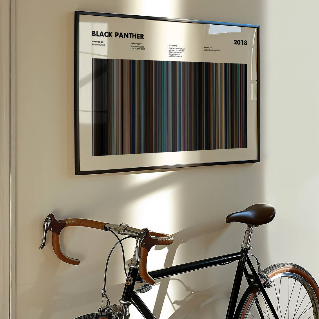 Black Panther Movie Barcode Poster framed on the wall of a styled room setting