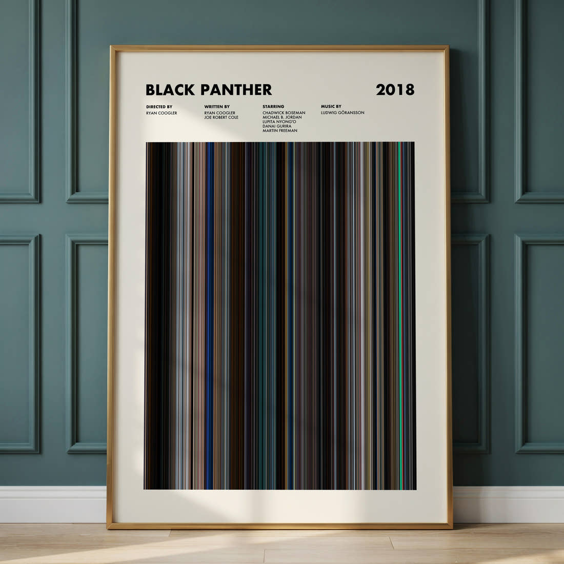 Black Panther Movie Barcode Poster framed and leaning against a panelled wall