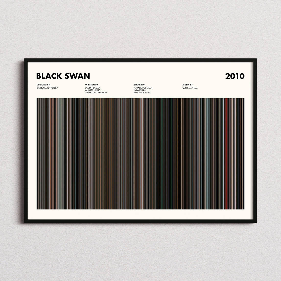 Black Swan Movie Barcode Poster framed and photographed straight on