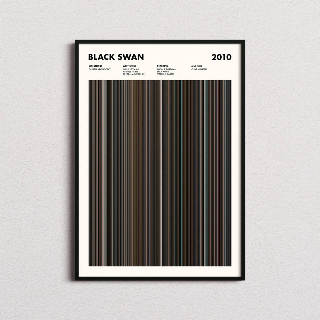 Black Swan Movie Barcode Poster framed on a plain studio wall