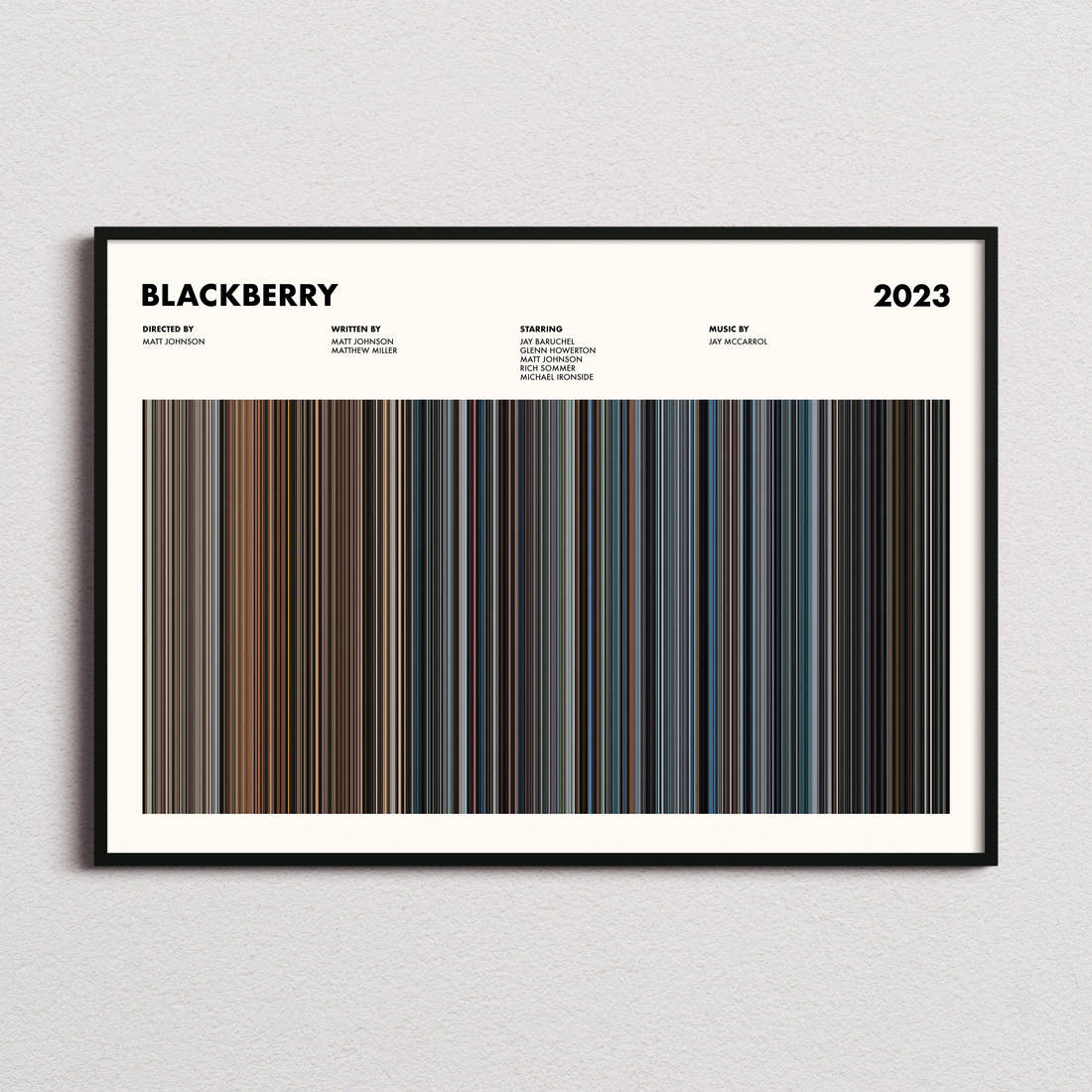 BlackBerry Movie Barcode Poster framed and photographed straight on