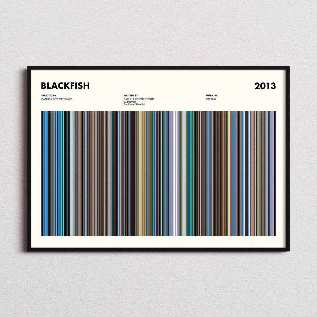 Blackfish Movie Barcode Poster framed and photographed straight on